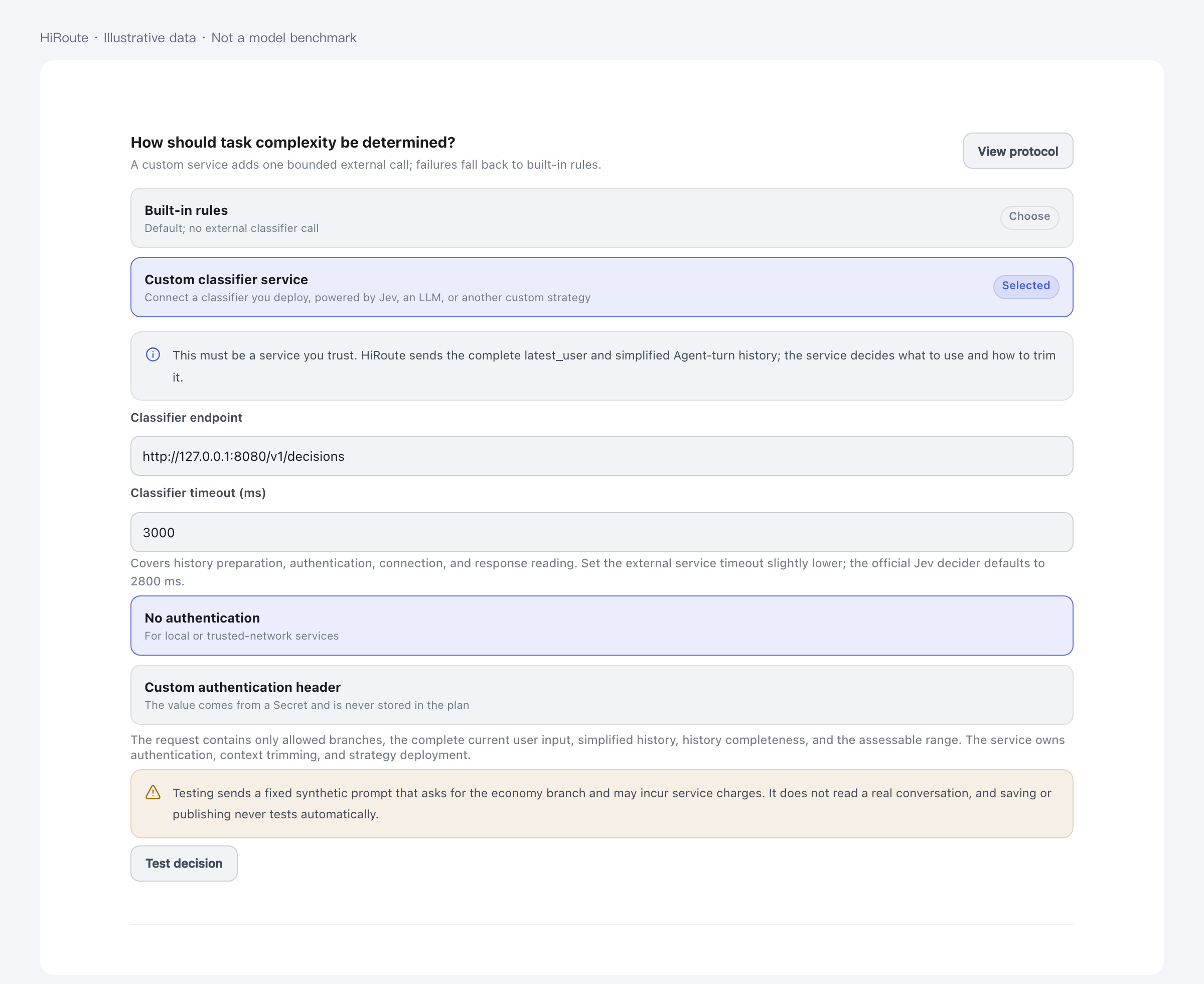 Decision service configuration with synthetic data
